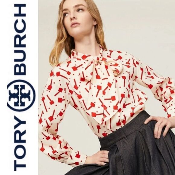 Tory Burch Lollipops Jacquard Bow Blouse long sleeve silk collared Top size 6 - Picture 1 of 10